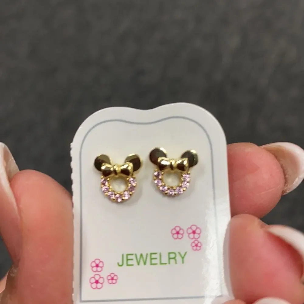 New Kids Girls Earrings gold plated CZ Pink Mouse.